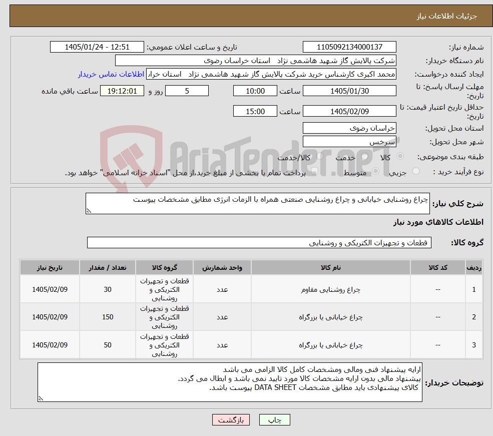 تصویر کوچک آگهی نیاز کالا-چراغ روشنایی خیابانی و چراغ روشنایی صنعتی همراه با الزمات انرژی مطابق مشخصات پیوست 
