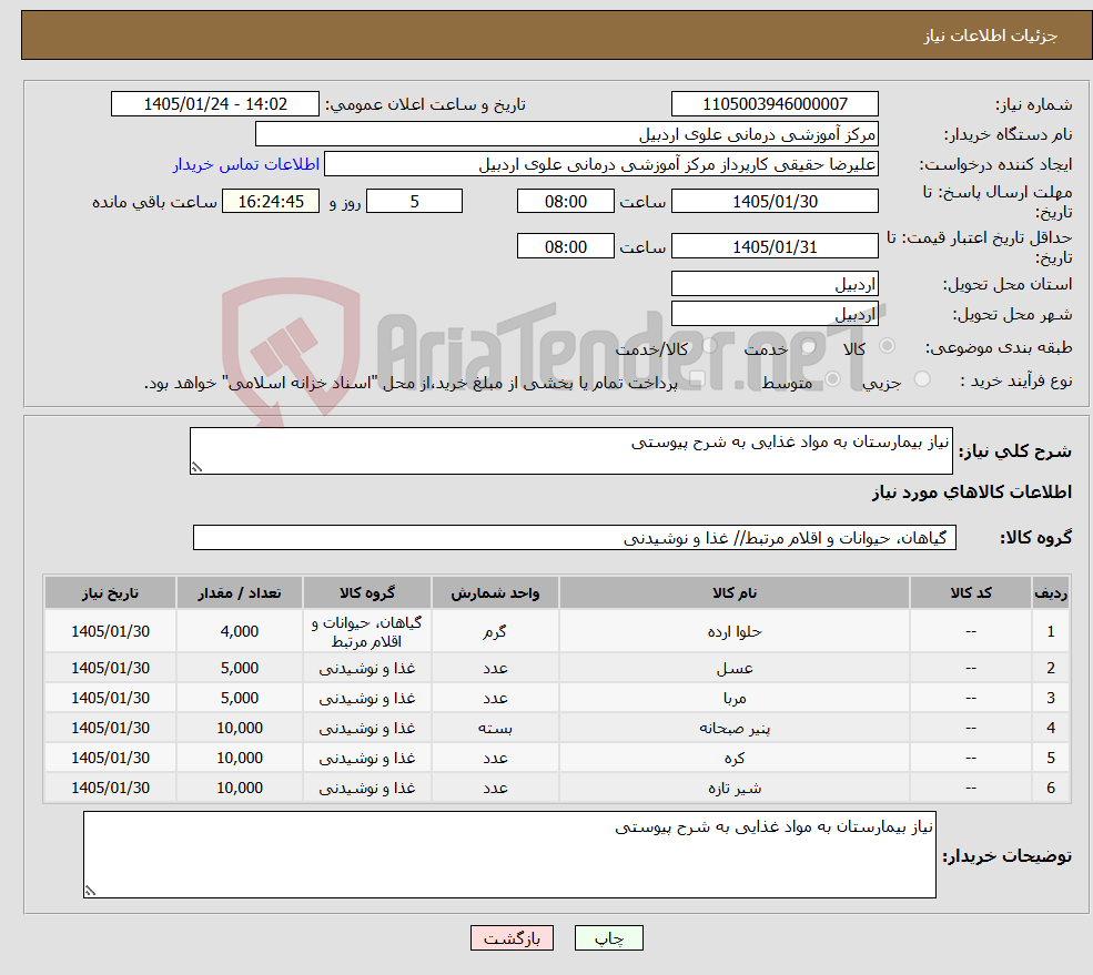 تصویر کوچک آگهی نیاز کالا-نیاز بیمارستان به مواد غذایی به شرح پیوستی