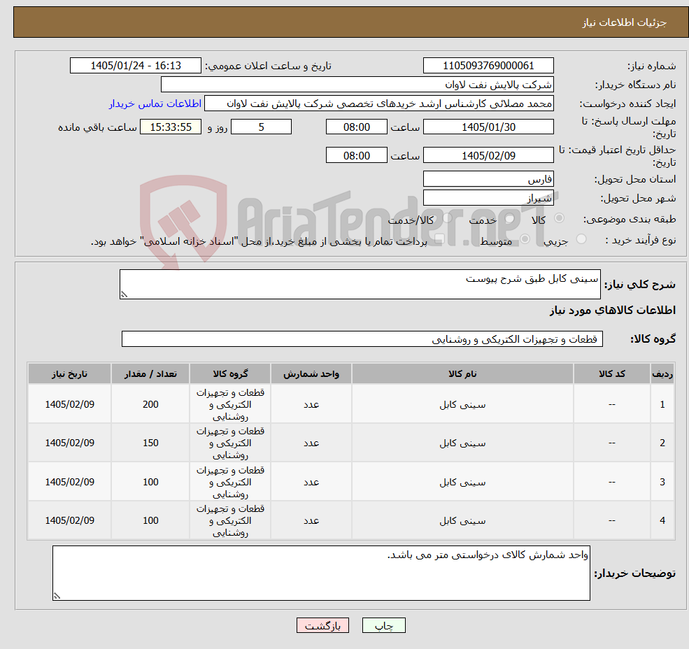تصویر کوچک آگهی نیاز کالا-سینی کابل طبق شرح پیوست