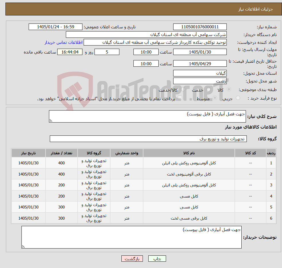 تصویر کوچک آگهی نیاز کالا-جهت فصل آبیاری ( فایل پیوست)