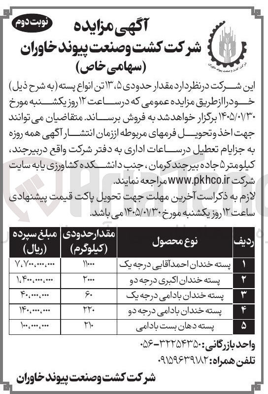 تصویر کوچک آگهی فروش مقدار حدودی ۵، ۱۳ تن انواع پسته