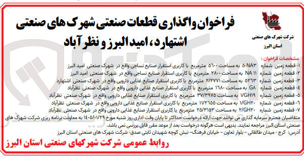 تصویر کوچک آگهی  واگذاری قطعات صنعتی شهرک های صنعتی اشتهارد ، امید البرز و نظر آباد در 7 ردیف با کابری استقرار صنایع نساجی -دارویی- غذایی