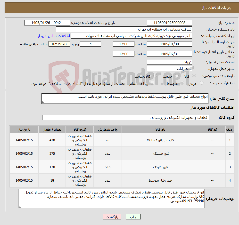 تصویر کوچک آگهی نیاز کالا-انواع مختلف فیوز طبق فایل پیوست.فقط برندهای مشخص شده ایرانی مورد تایید است. 