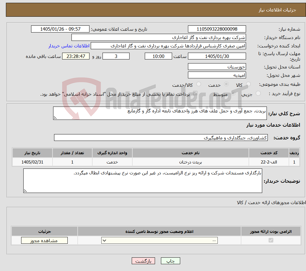 تصویر کوچک آگهی نیاز خدمات-بریدن، جمع آوری و حمل علف های هرز واحدهای تابعه اداره گاز و گازمایع