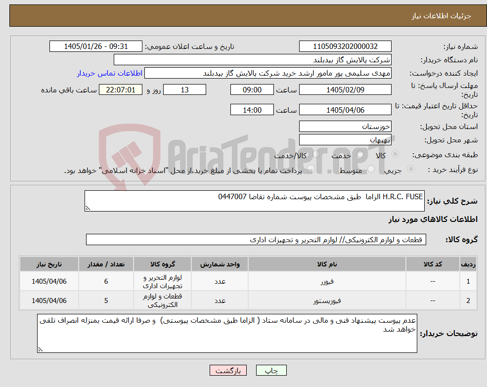 تصویر کوچک آگهی نیاز کالا-H.R.C. FUSE الزاما طبق مشخصات پیوست شماره تقاضا 0447007