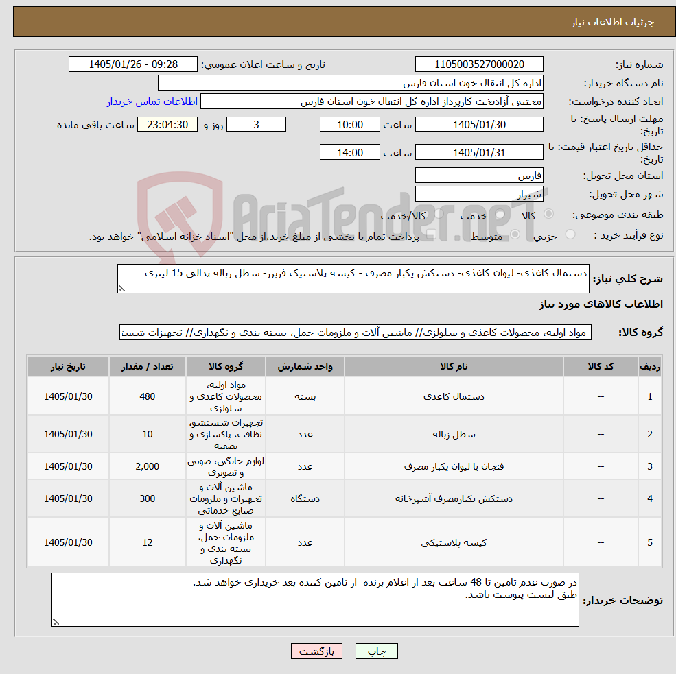 تصویر کوچک آگهی نیاز کالا-دستمال کاغذی- لیوان کاغذی- دستکش یکبار مصرف - کیسه پلاستیک فریزر- سطل زباله پدالی 15 لیتری