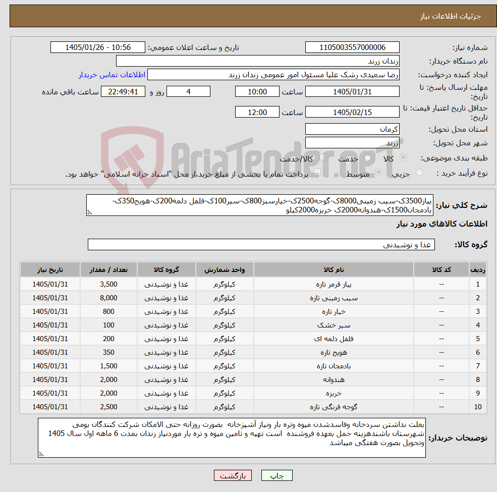 تصویر کوچک آگهی نیاز کالا-پیاز3500ک-سیب زمینی8000ک-گوجه2500ک-خیارسبز800ک-سیر100ک-فلفل دلمه200ک-هویج350ک-بادمجان1500ک-هندوانه2000ک خربزه2000کیلو