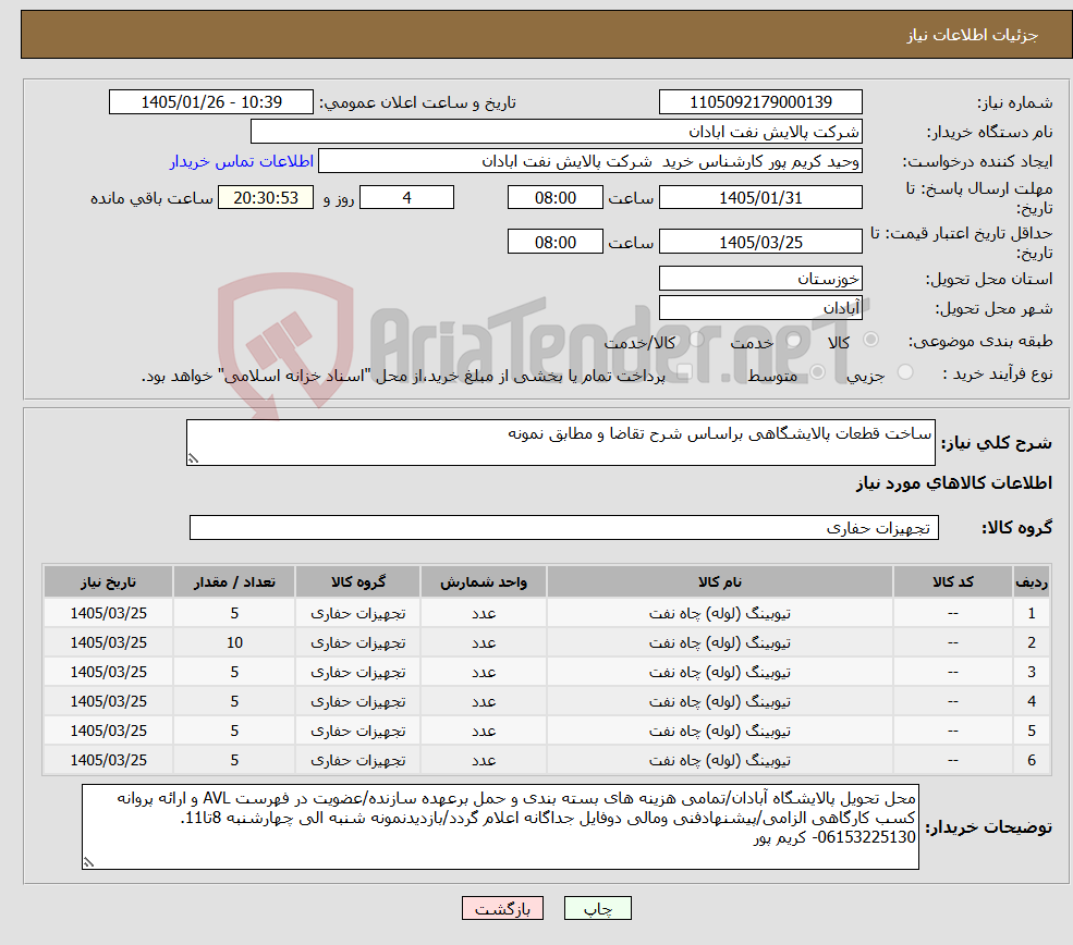 تصویر کوچک آگهی نیاز کالا-ساخت قطعات پالایشگاهی براساس شرح تقاضا و مطابق نمونه