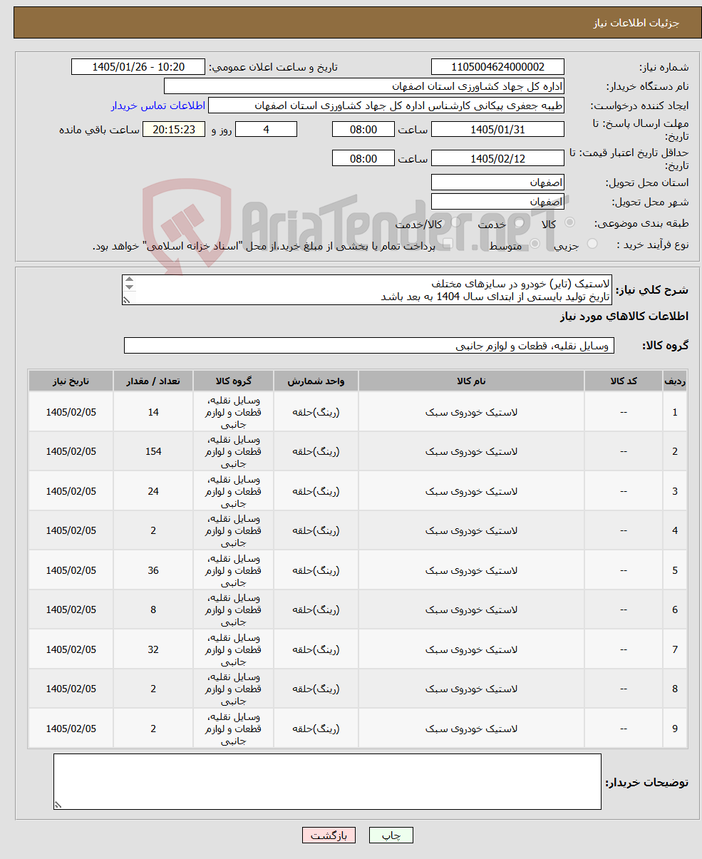 تصویر کوچک آگهی نیاز کالا-لاستیک (تایر) خودرو در سایزهای مختلف تاریخ تولید بایستی از ابتدای سال 1404 به بعد باشد محل تحویل انبار سازمان جهادکشاورزی استان اصفهان می باشد