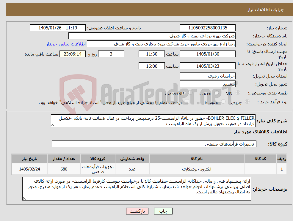 تصویر کوچک آگهی نیاز کالا-BOHLER ELEC $ FILLER- حضور در AVL الزامیست-25 درصدپیش پرداخت در قبال ضمانت نامه بانکی-تکمیل قرارداد در صورت تحویل بیش از یک ماه الزامیست 