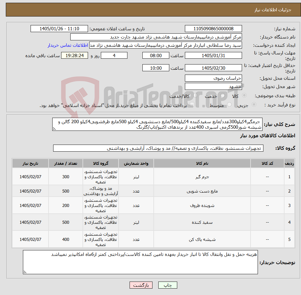 تصویر کوچک آگهی نیاز کالا- جرمگیر4کیلو300عدد/مایع سفیدکننده 4کیلو500/مایع دستشویی 4کیلو 500مایع ظرفشویی4کیلو 200 گالن و شیشه شور500گرمی اسپری 400عدد از برندهای اکتیو/تاپ/گلرنگ