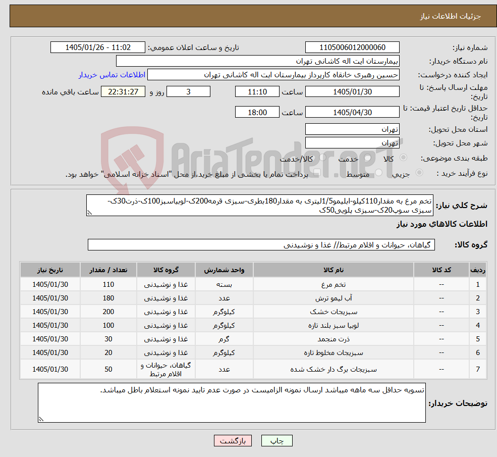 تصویر کوچک آگهی نیاز کالا-تخم مرغ به مقدار110کیلو-ابلیمو1/5لیتری به مقدار180بطری-سبزی قرمه200ک-لوبیاسبز100ک-ذرت30ک-سبزی سوپ20ک-سبزی پلویی50ک