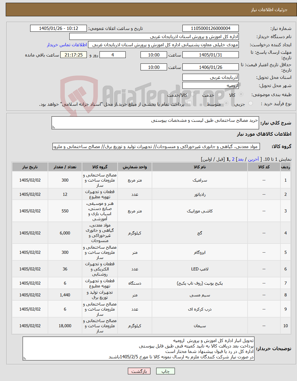 تصویر کوچک آگهی نیاز کالا-خرید مصالح ساختمانی طبق لیست و مشخصات پیوستی