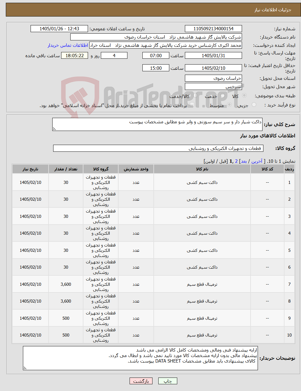 تصویر کوچک آگهی نیاز کالا-داکت شیار دار و سر سیم سوزنی و وایر شو مطابق مشخصات پیوست 