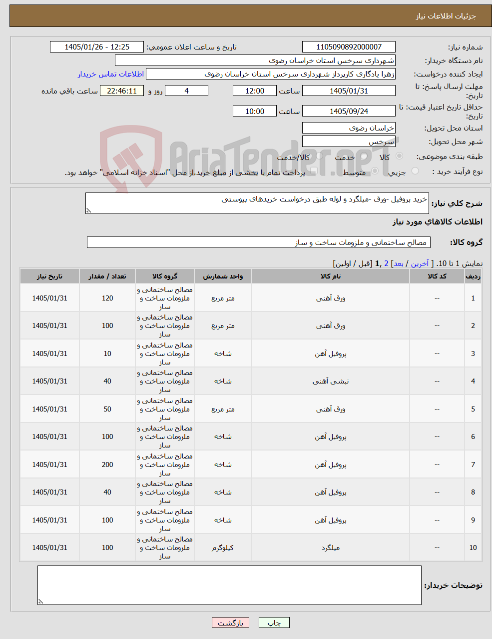 تصویر کوچک آگهی نیاز کالا-خرید پروفیل -ورق -میلگرد و لوله طبق درخواست خریدهای پیوستی 