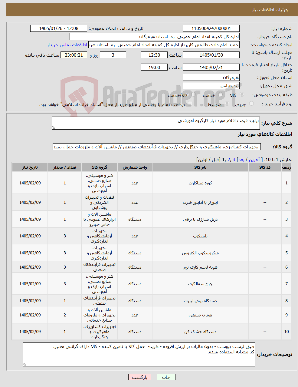تصویر کوچک آگهی نیاز کالا-براورد قیمت اقلام مورد نیاز کارگروه آموزشی 