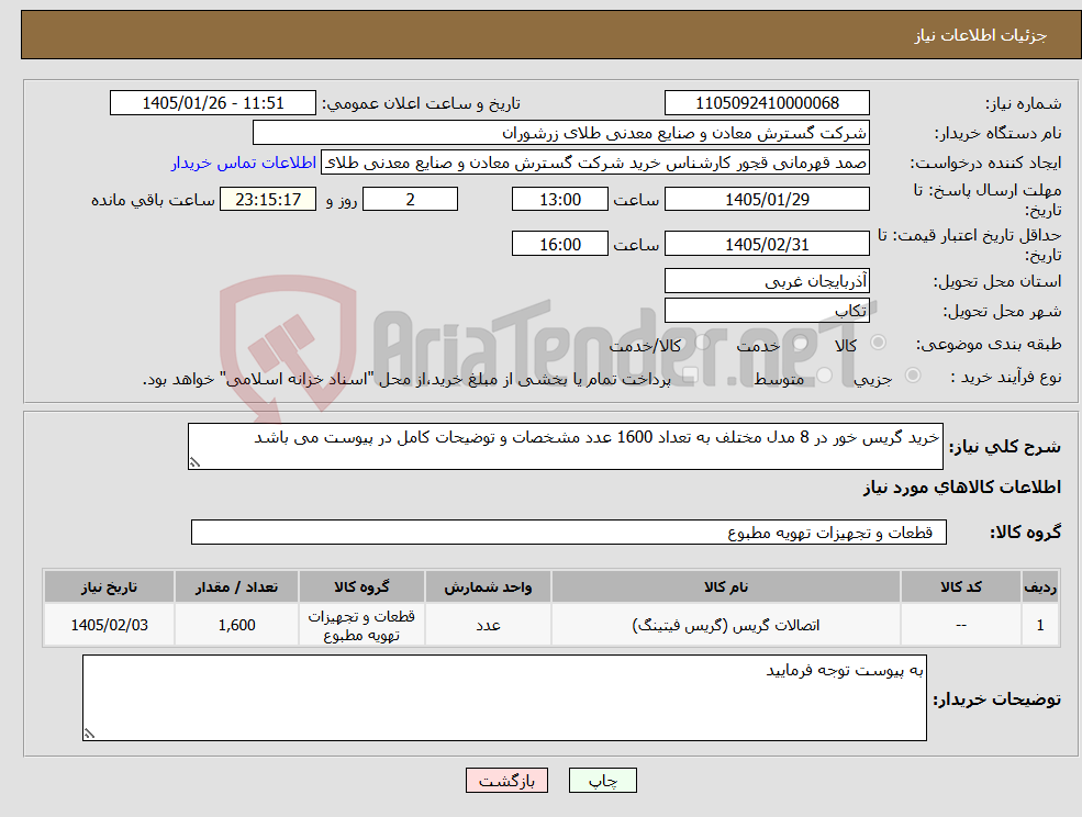 تصویر کوچک آگهی نیاز کالا-خرید گریس خور در 8 مدل مختلف به تعداد 1600 عدد مشخصات و توضیحات کامل در پیوست می باشد