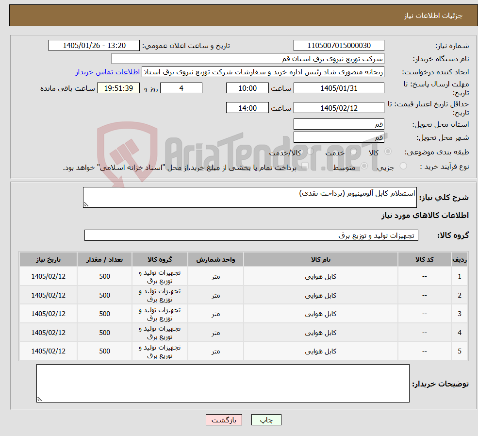 تصویر کوچک آگهی نیاز کالا-استعلام کابل آلومینیوم (پرداخت نقدی)