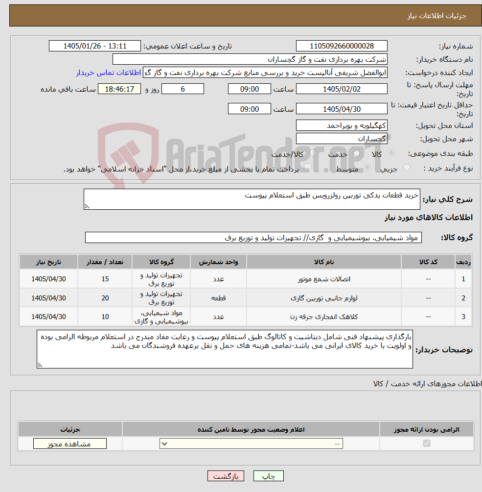 تصویر کوچک آگهی نیاز کالا-خرید قطعات یدکی توربین رولزرویس طبق استعلام پیوست