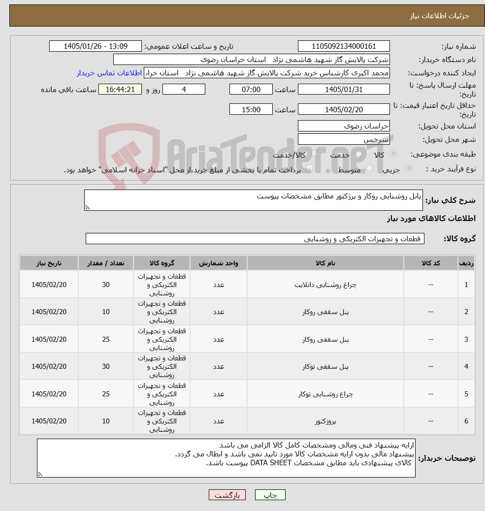 تصویر کوچک آگهی نیاز کالا-پانل روشنایی روکار و پرژکتور مطابق مشخصات پیوست 