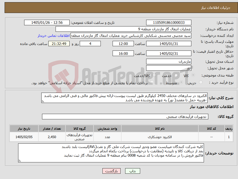 تصویر کوچک آگهی نیاز کالا-الکترود در سایزهای مختلف 2450 کیلوگرم طبق لیست پیوست-ارائه پیش فاکتور مالی و فنی الزامی می باشد -هزینه حمل تا مقصد( نور) به عهده فروشنده می باشد 
