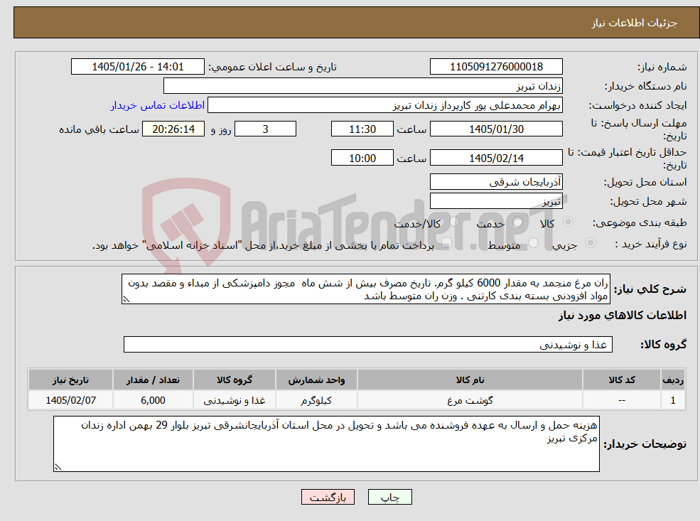 تصویر کوچک آگهی نیاز کالا-ران مرغ منجمد به مقدار 6000 کیلو گرم. تاریخ مصرف بیش از شش ماه مجوز دامپزشکی از مبداء و مقصد بدون مواد افزودنی بسته بندی کارتنی . وزن ران متوسط باشد