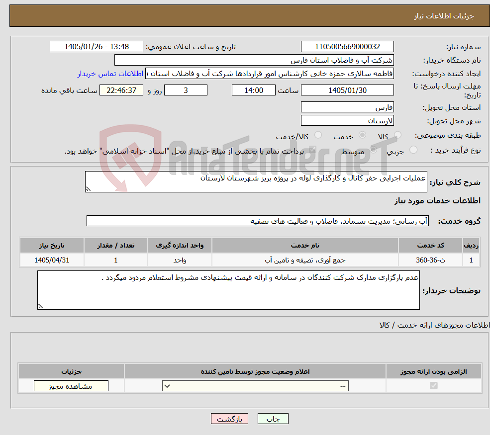 تصویر کوچک آگهی نیاز خدمات-عملیات اجرایی حفر کانال و کارگذاری لوله در پروژه بریز شهرستان لارستان 