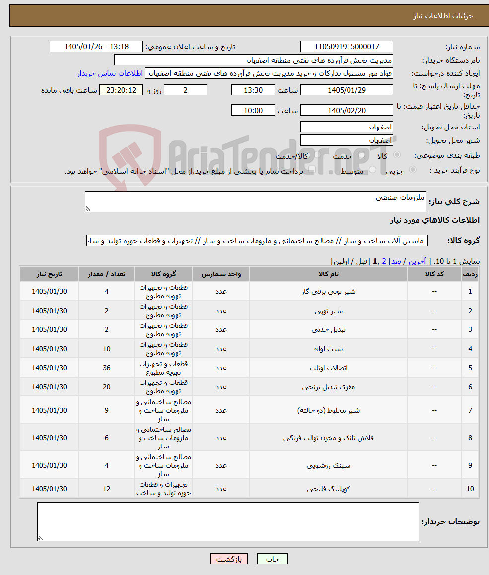 تصویر کوچک آگهی نیاز کالا-ملزومات صنعتی