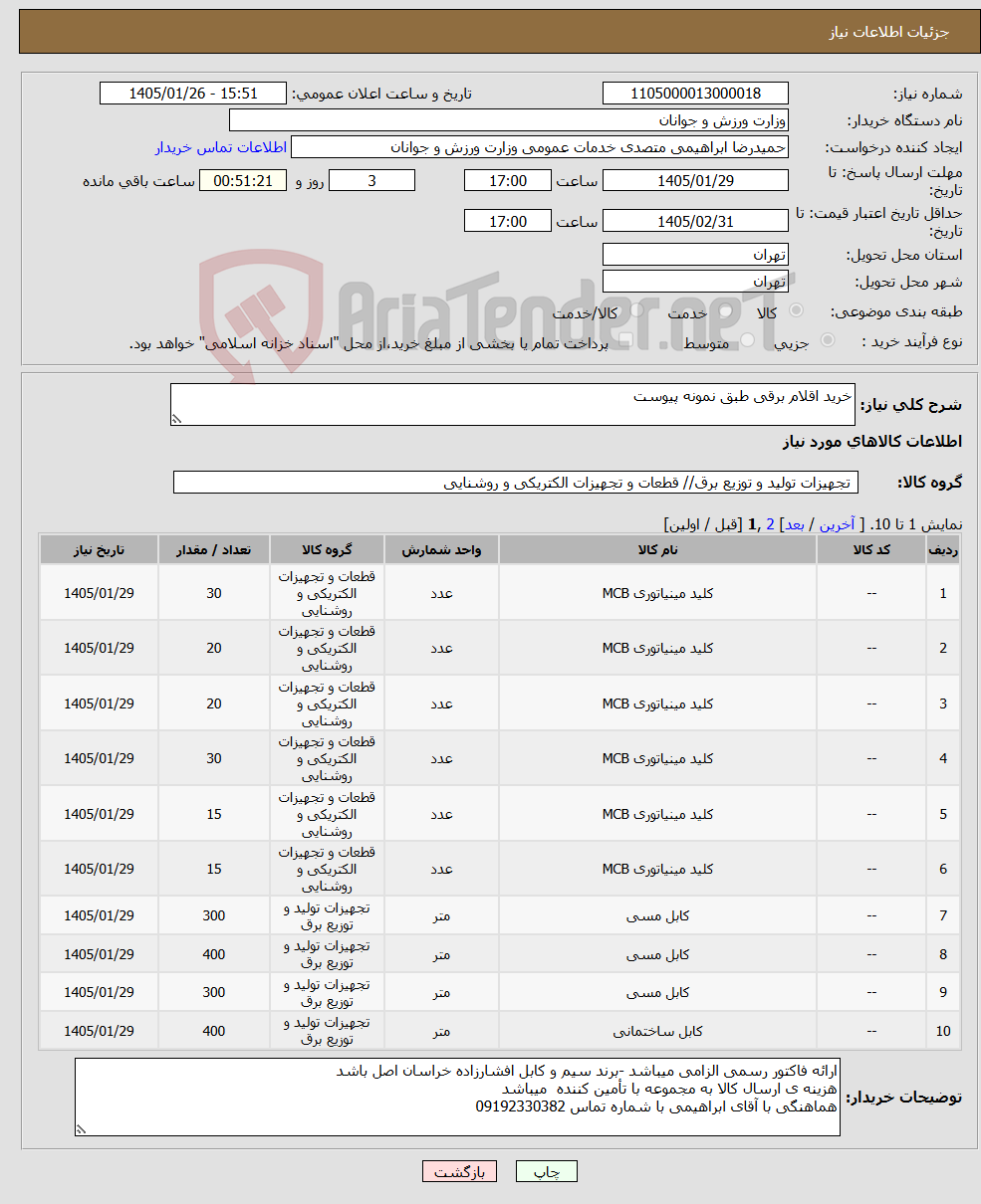 تصویر کوچک آگهی نیاز کالا-خرید اقلام برقی طبق نمونه پیوست 