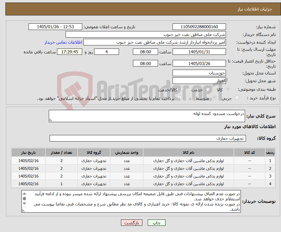 تصویر کوچک آگهی نیاز کالا-درخواست مسدود کننده لوله