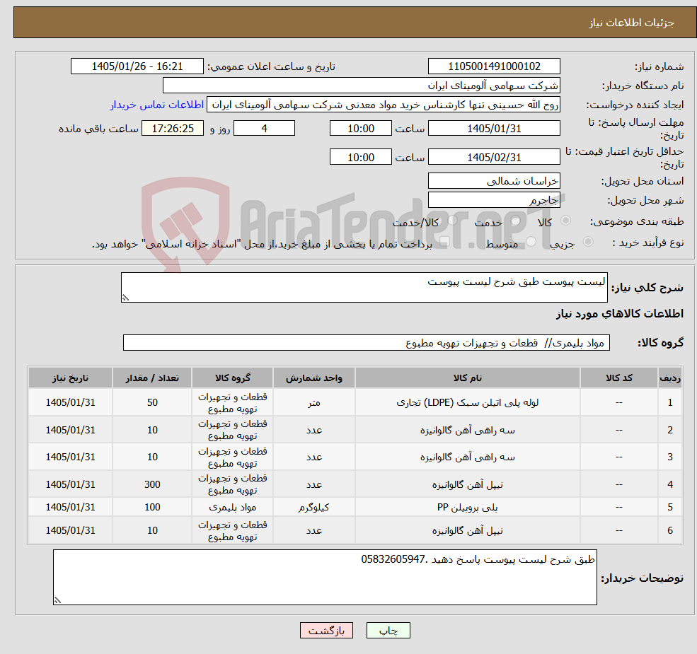 تصویر کوچک آگهی نیاز کالا-لیست پیوست طبق شرح لیست پیوست