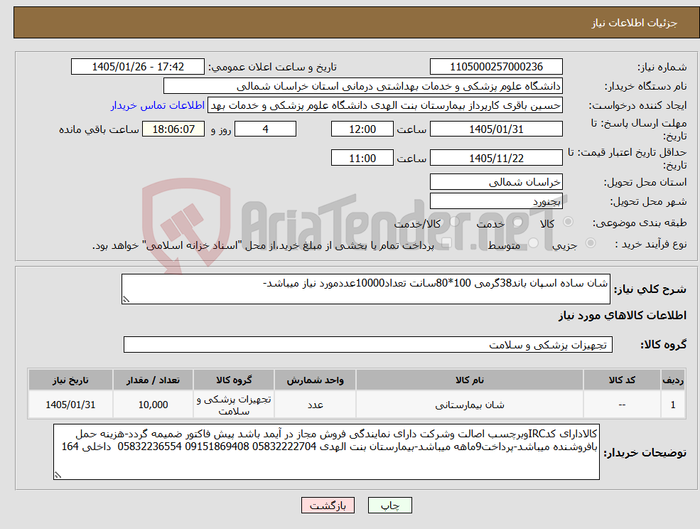 تصویر کوچک آگهی نیاز کالا-شان ساده اسپان باند38گرمی 100*80سانت تعداد10000عددمورد نیاز میباشد-