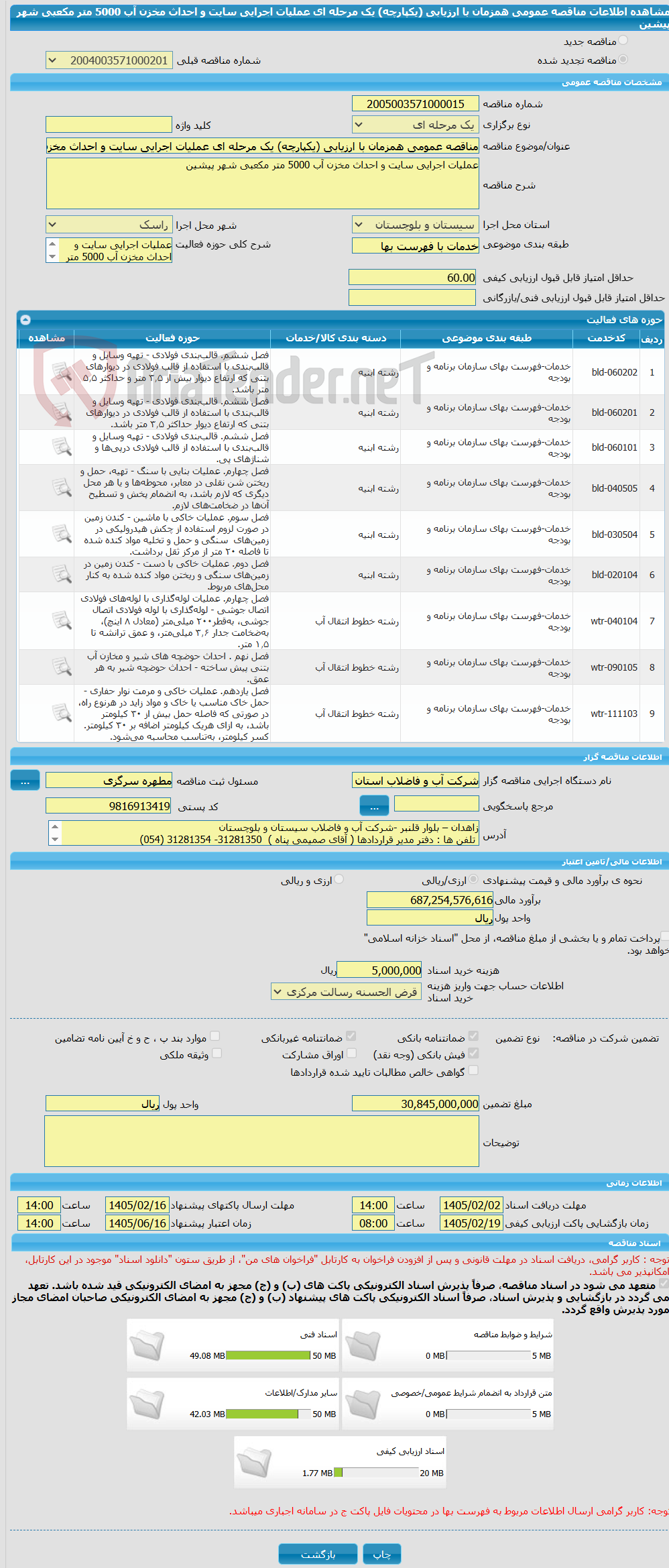 تصویر کوچک آگهی مناقصه عمومی همزمان با ارزیابی (یکپارچه) یک مرحله ای عملیات اجرایی سایت و احداث مخزن آب 5000 متر مکعبی شهر پیشین