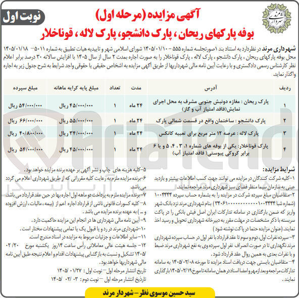 تصویر کوچک آگهی اجاره بوفه پارکهای ریحان پارک دانشجو پارک لاله، قوناخلار