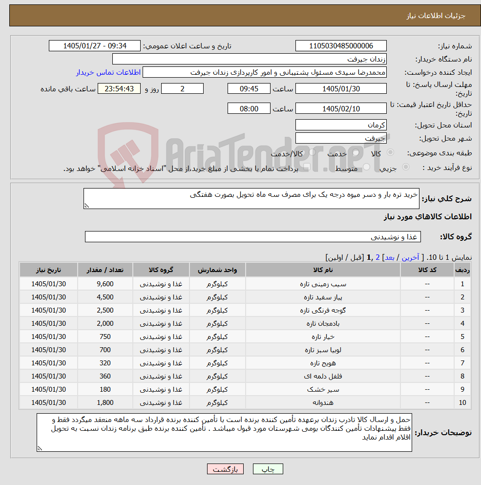 تصویر کوچک آگهی نیاز کالا-خرید تره بار و دسر میوه درجه یک برای مصرف سه ماه تحویل بصورت هفتگی