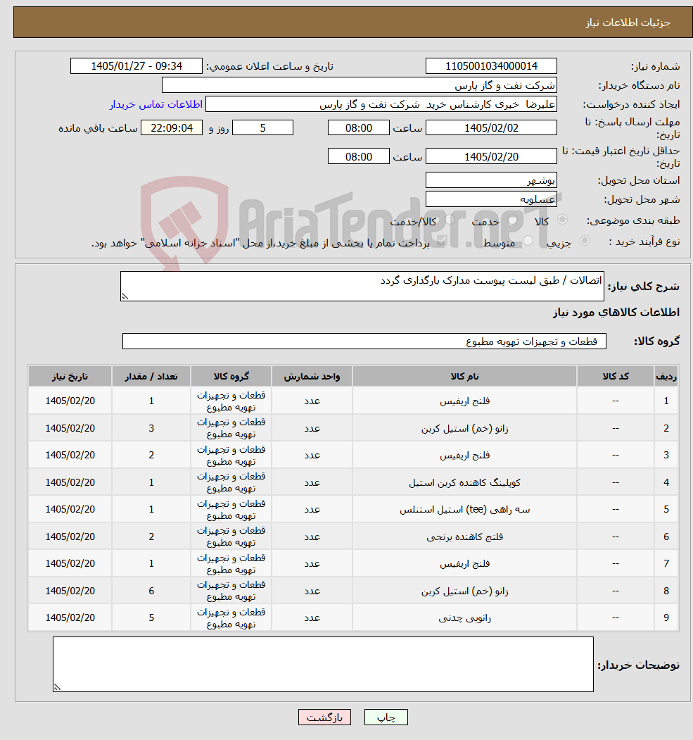 تصویر کوچک آگهی نیاز کالا-اتصالات / طبق لیست پیوست مدارک بارگذاری گردد