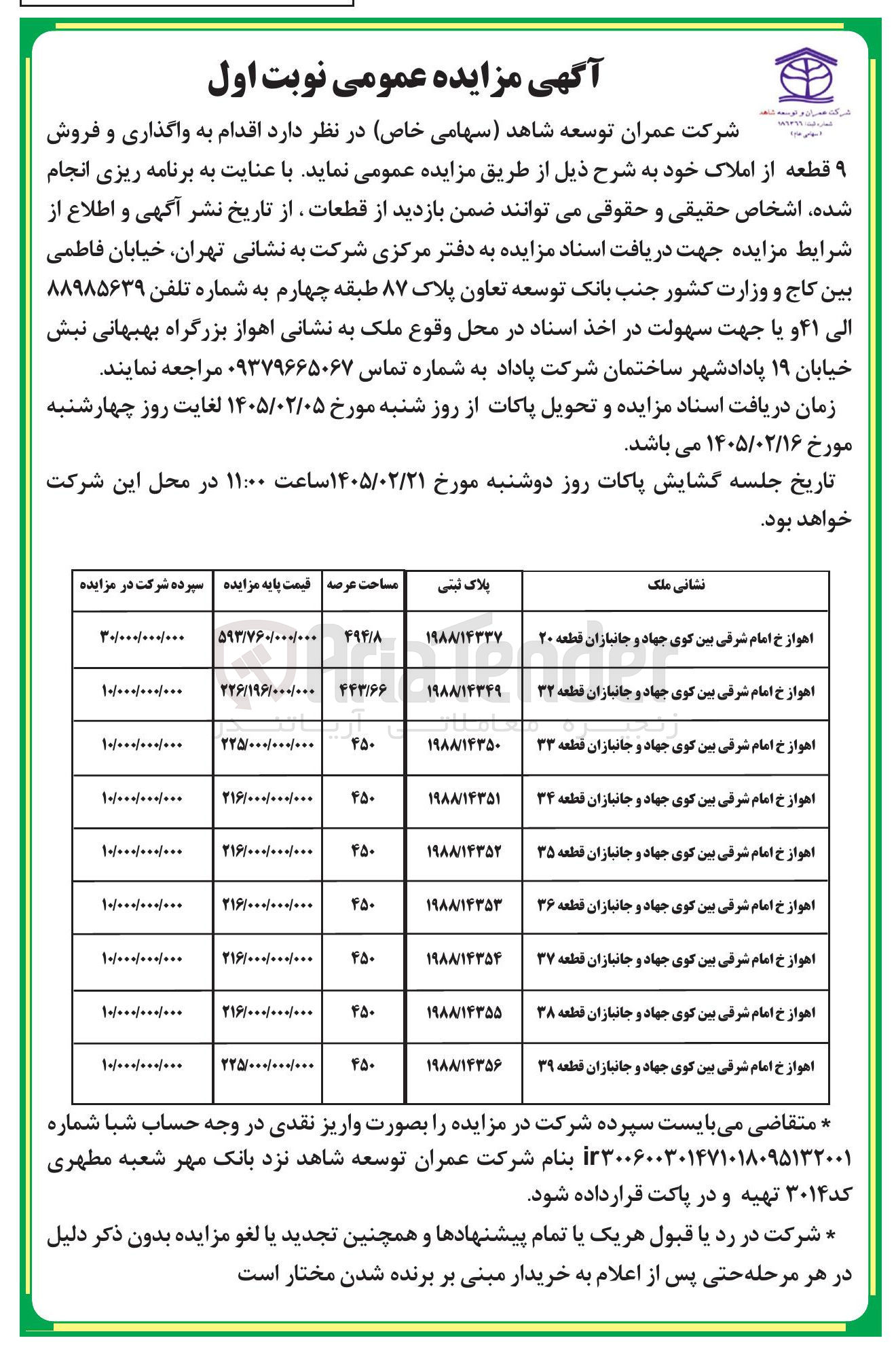 تصویر کوچک آگهی واگذاری و فروش ۹ قطعه از املاک با کاربری مکونی و تجاری 