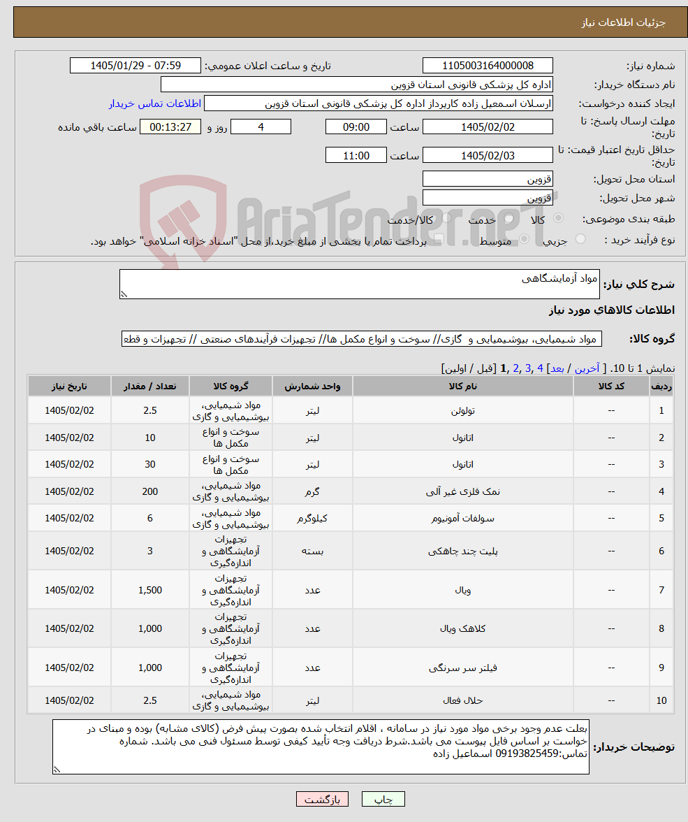 تصویر کوچک آگهی نیاز کالا-مواد آزمایشگاهی