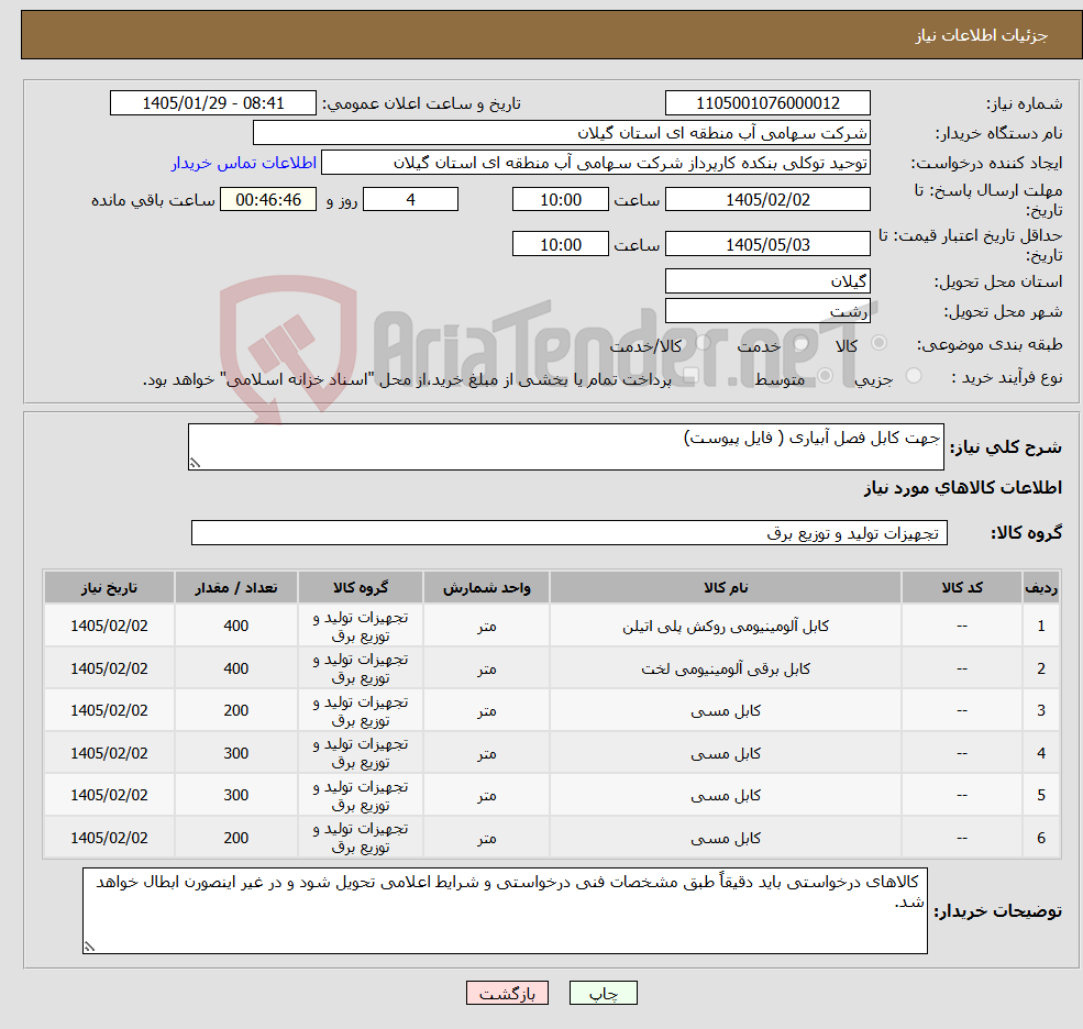 تصویر کوچک آگهی نیاز کالا-جهت کابل فصل آبیاری ( فایل پیوست)