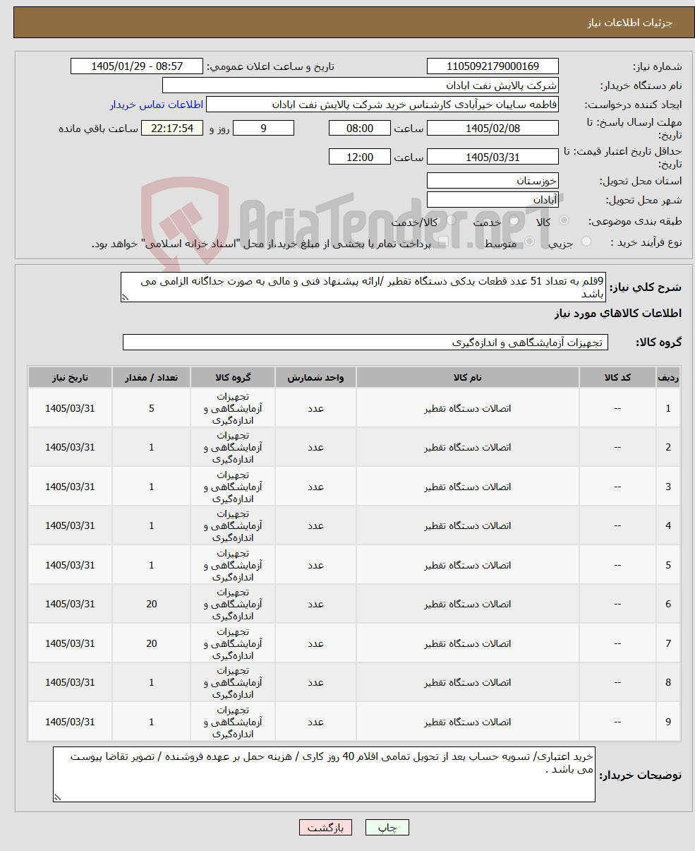 تصویر کوچک آگهی نیاز کالا-9قلم به تعداد 51 عدد قطعات یدکی دستگاه تقطیر /ارائه پیشنهاد فنی و مالی به صورت جداگانه الزامی می باشد