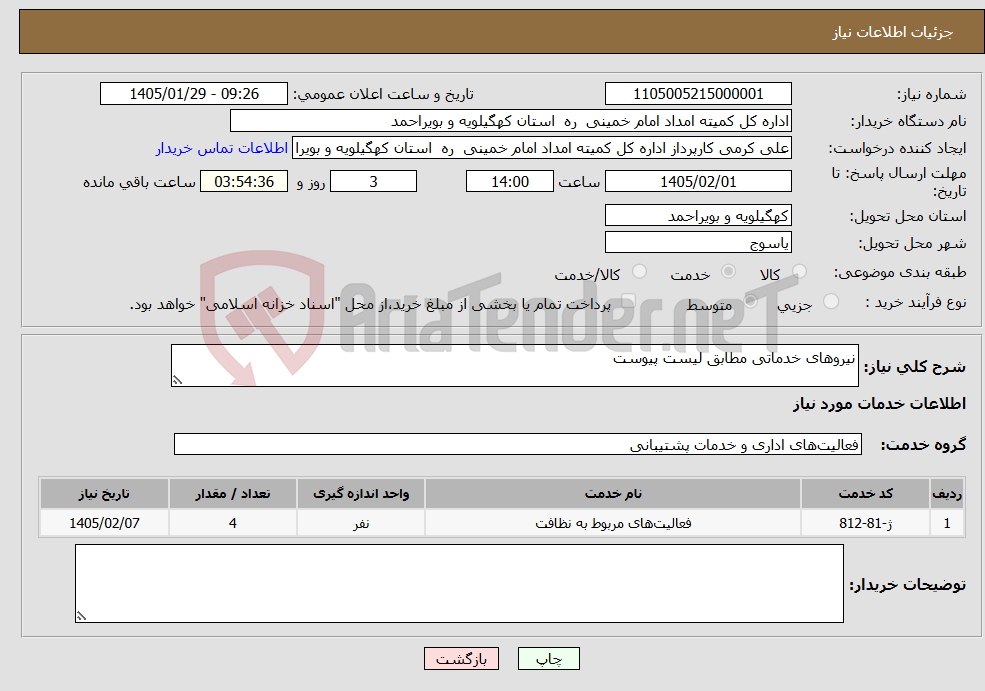 تصویر کوچک آگهی نیاز خدمات-نیروهای خدماتی مطابق لیست پیوست