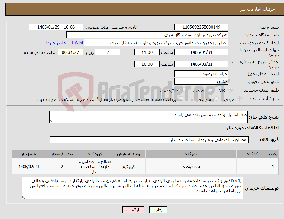 تصویر کوچک آگهی نیاز کالا-ورق استیل-واحد شمارش عدد می باشد