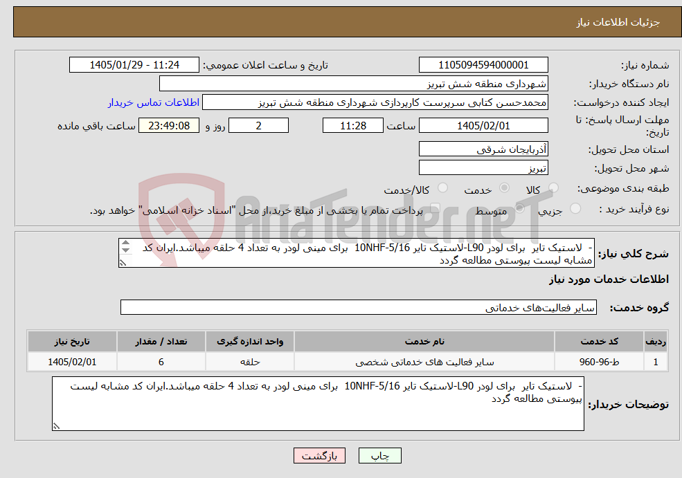 تصویر کوچک آگهی نیاز خدمات-- لاستیک تایر برای لودر L90-لاستیک تایر 5/16-10NHF برای مینی لودر به تعداد 4 حلقه میباشد.ایران کد مشابه لیست پیوستی مطالعه گردد 