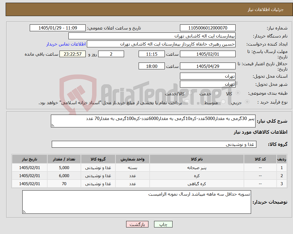 تصویر کوچک آگهی نیاز کالا-پنیر 30گرمی به مقدار5000عدد-کره10گرمی به مقدار6000عدد-کره100گرمی به مقدار70 عدد