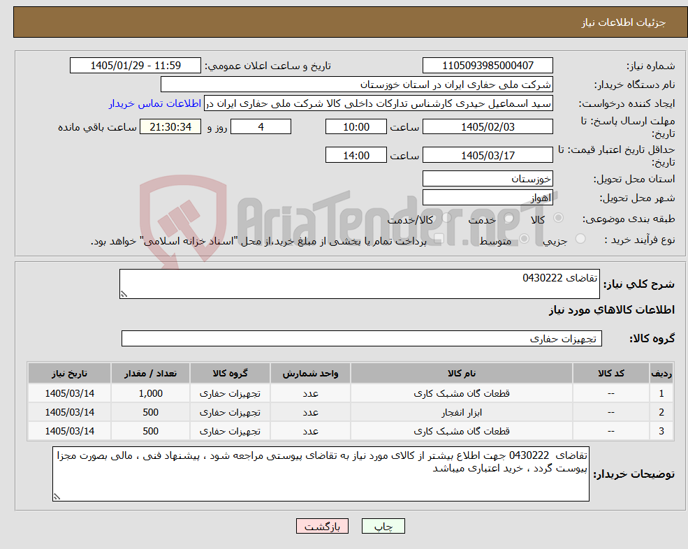 تصویر کوچک آگهی نیاز کالا-تقاضای 0430222
