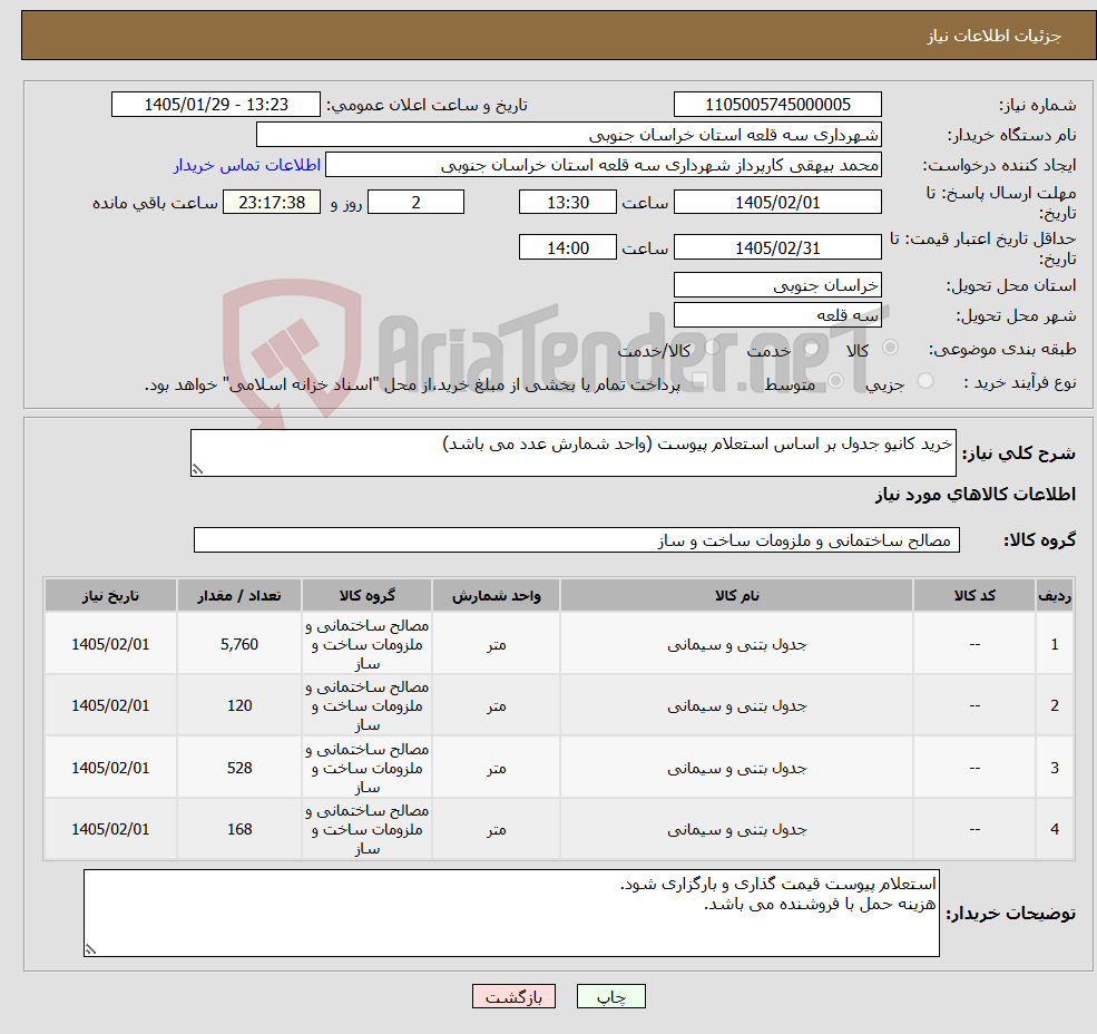 تصویر کوچک آگهی نیاز کالا-خرید کانیو جدول بر اساس استعلام پیوست (واحد شمارش عدد می باشد) 