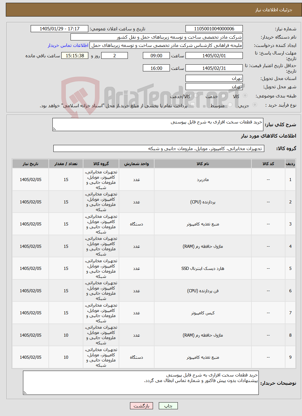 تصویر کوچک آگهی نیاز کالا-خرید قطعات سخت افزاری به شرح فایل پیوستی