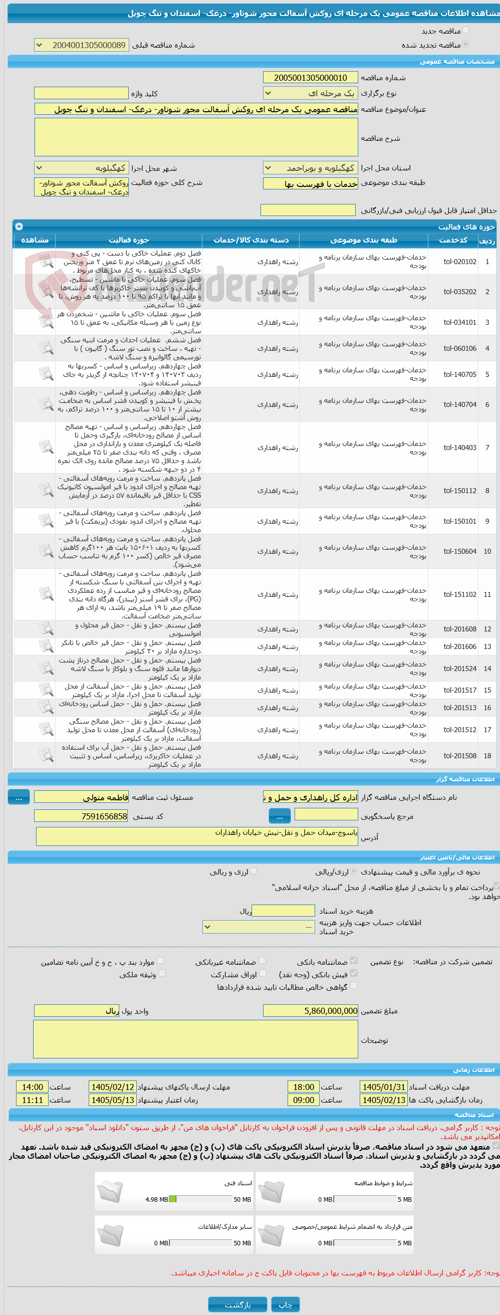 تصویر کوچک آگهی مناقصه عمومی یک مرحله ای روکش آسفالت محور شوتاور- درغک- اسفندان و تنگ چویل