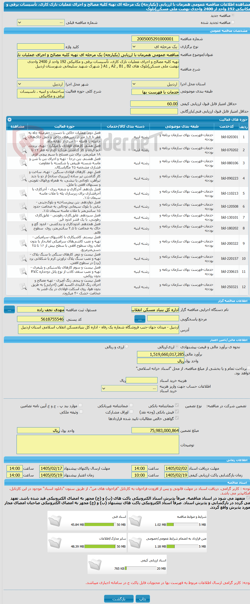 تصویر کوچک آگهی مناقصه عمومی همزمان با ارزیابی (یکپارچه) یک مرحله ای تهیه کلیه مصالح و اجرای عملیات نازک کاری، تأسیسات برقی و مکانیکی 192 واحد از 2400 واحدی نهضت ملی مسکن)بلوک 