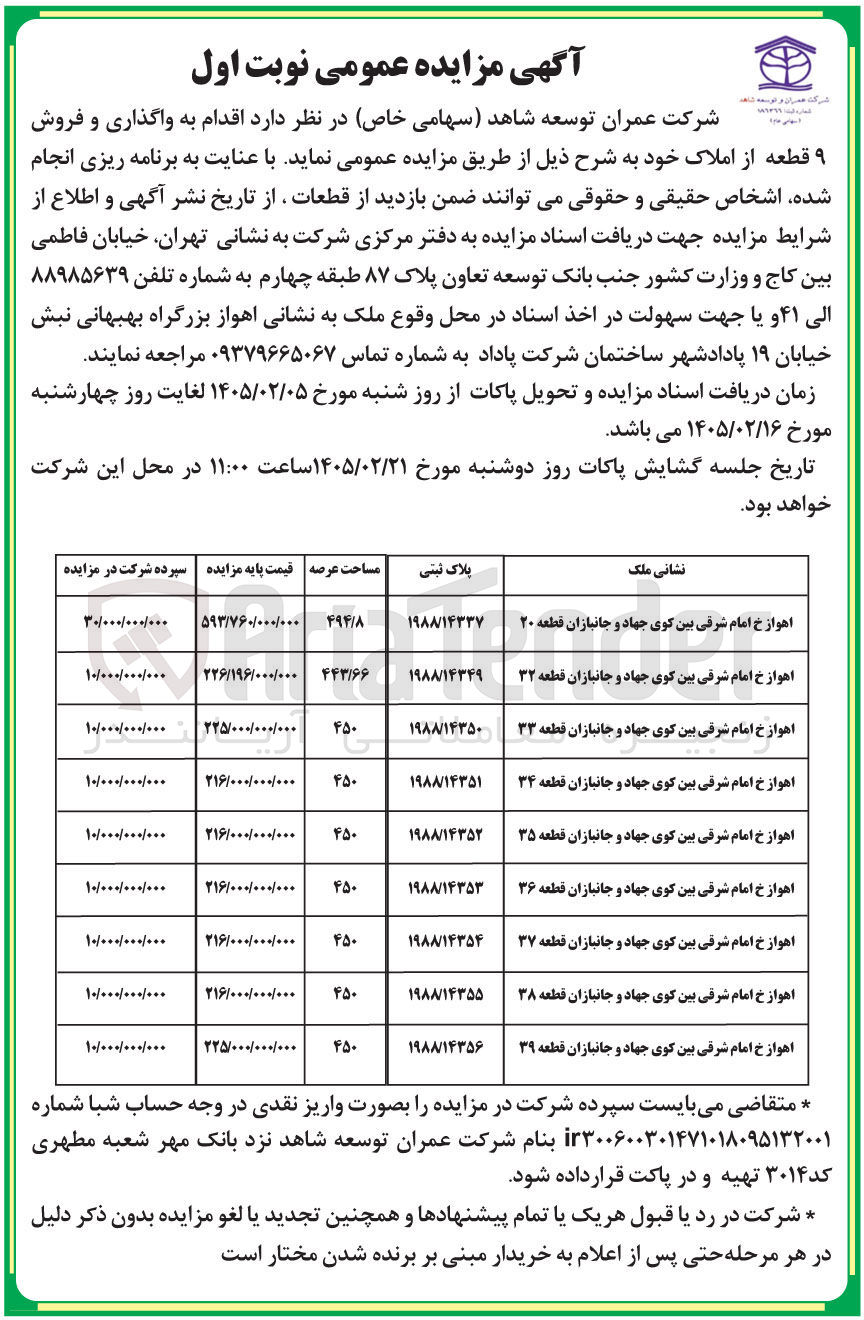 تصویر کوچک آگهی واگذاری و فروش ۹ قطعه از املاک
